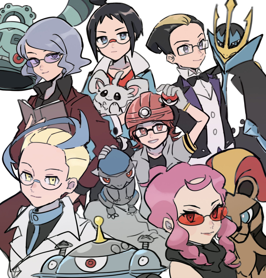 1girl, 5boys, black_bow, black_hair, black_neckwear, black_shirt, blonde_hair, blue_eyes