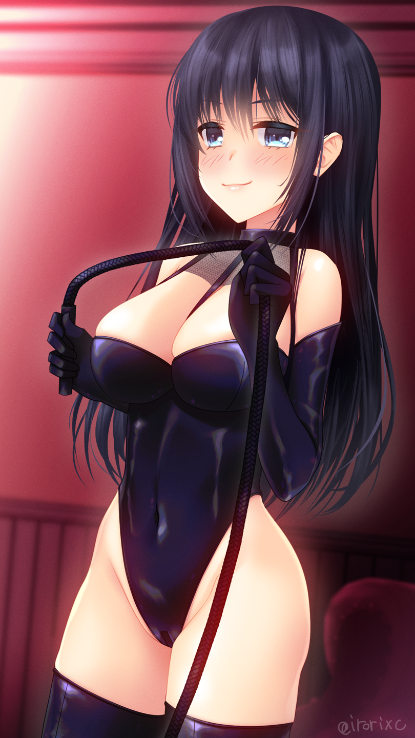 1girl, bdsm, black_gloves, black_hair, black_legwear, black_leotard, blue_eyes, bondage, bound, breasts, commentary_request, covered_navel, dominatrix, elbow_gloves, gloves, highleg, highleg_leotard, highres, irori_(irorixc), leotard, long_hair, looking_at_viewer, medium_breasts, original, solo, standing, thigh-highs, whip