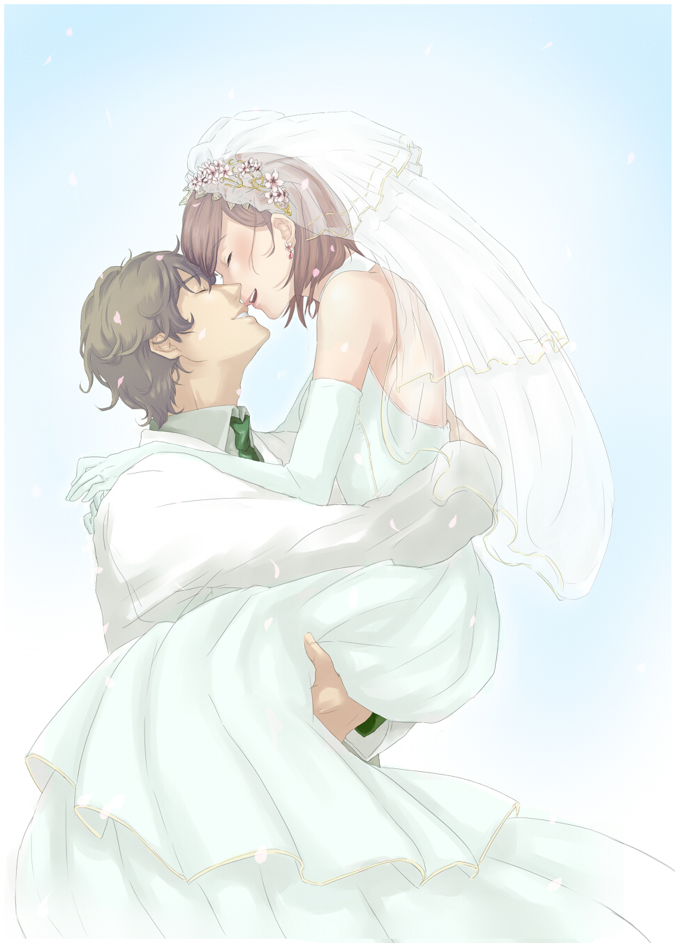 1girl, bridal_veil, bride, brown_hair, closed_eyes, couple, dress, highres