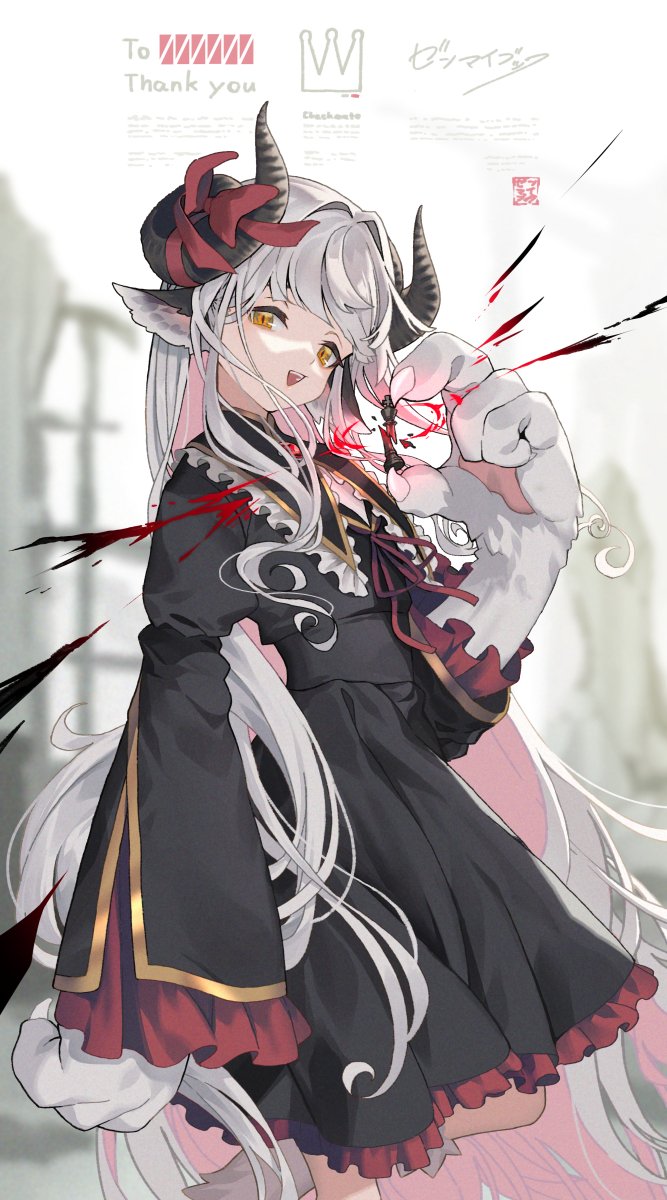 1girl, :d, animal_ears, black_dress, chess_piece, claws, commentary_request, dress