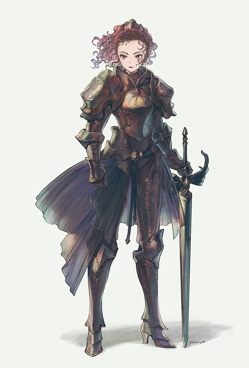 1girl, armor, armored_boots, boots, breastplate, brown_eyes, brown_hair, faulds