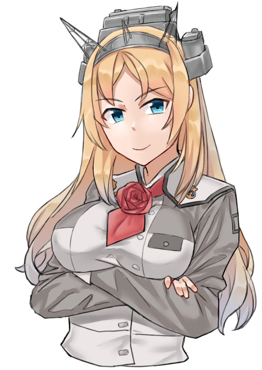 1girl, absurdres, ascot, blonde_hair, blue_eyes, breasts, crossed_arms, flower