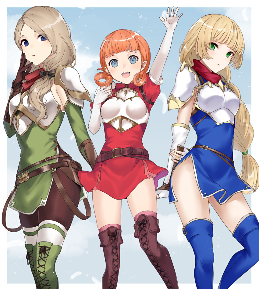 3girls, annette_fantine_dominic, armor, bangs, blonde_hair, blue_dress, blue_eyes, blue_footwear