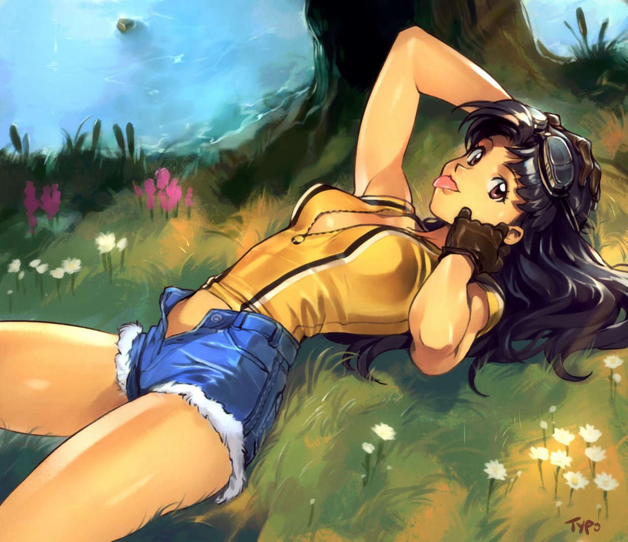 1girl, :p, black_hair, blue_shorts, breasts, denim, denim_shorts, flower