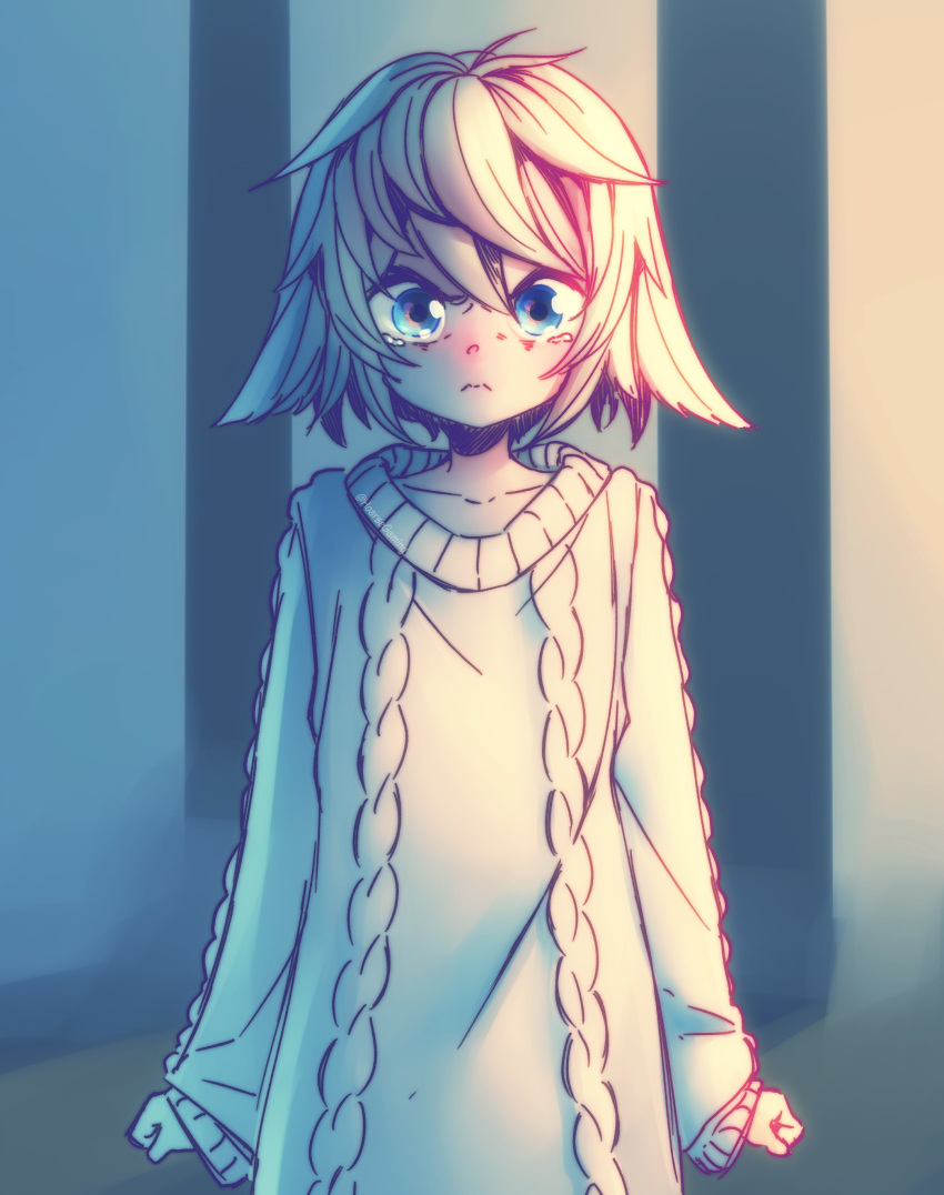 1girl, absurdres, angry, blue_eyes, closed_mouth, cowboy_shot, english_commentary, frown, highres, horsefeathers, long_sleeves, looking_at_viewer, original, oversized_clothes, short_hair, solo, sweater, tearing_up, white_hair, white_sweater