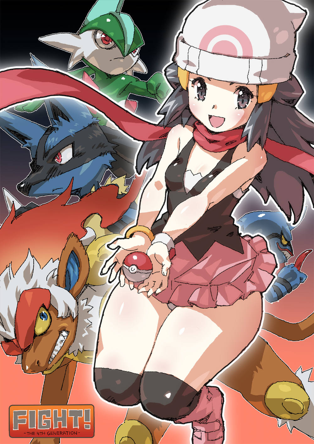 1girl, black_hair, blue_eyes, blue_hair, breasts, hikari_(pokemon), everyone, gallade