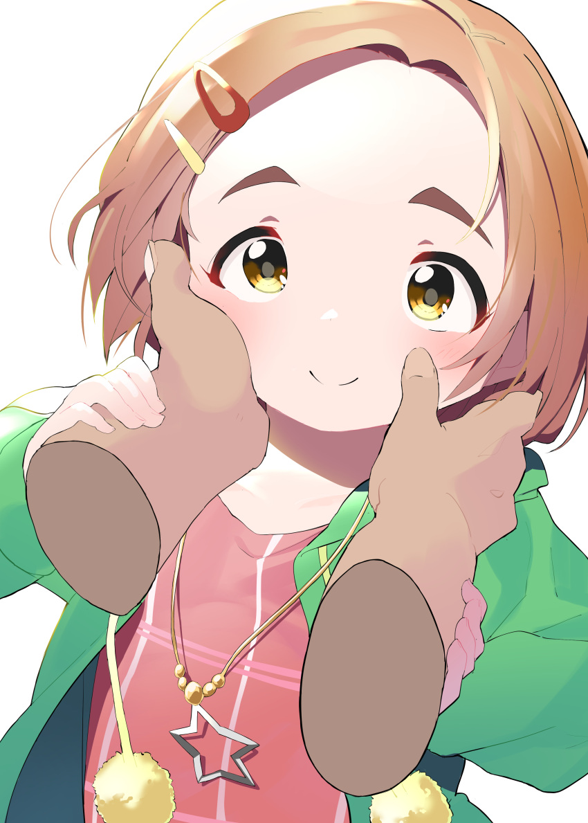 1girl, 1other, absurdres, brown_hair, cheek_squash, disembodied_limb, fuyubone, hair_ornament, hairclip, hand_on_another's_arm, hand_on_another's_cheek, hand_on_another's_face, hands, highres, idolmaster, idolmaster_cinderella_girls, jewelry, necklace, ryuuzaki_kaoru, short_hair, smile, star_(symbol), tareme, thick_eyebrows, upper_body, yellow_eyes
