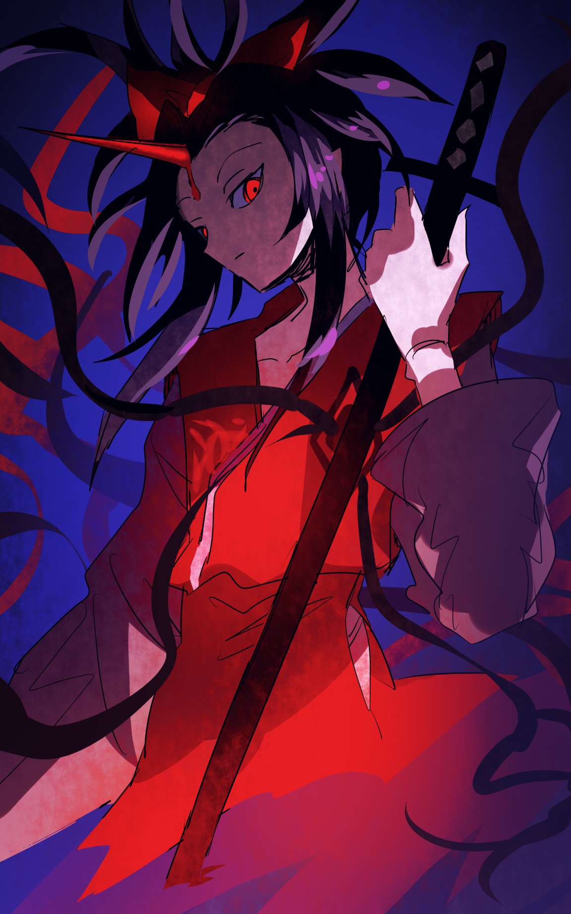 1girl, androgynous, asuku_(69-1-31), black_hair, expressionless, hair_ribbon, highres, holding