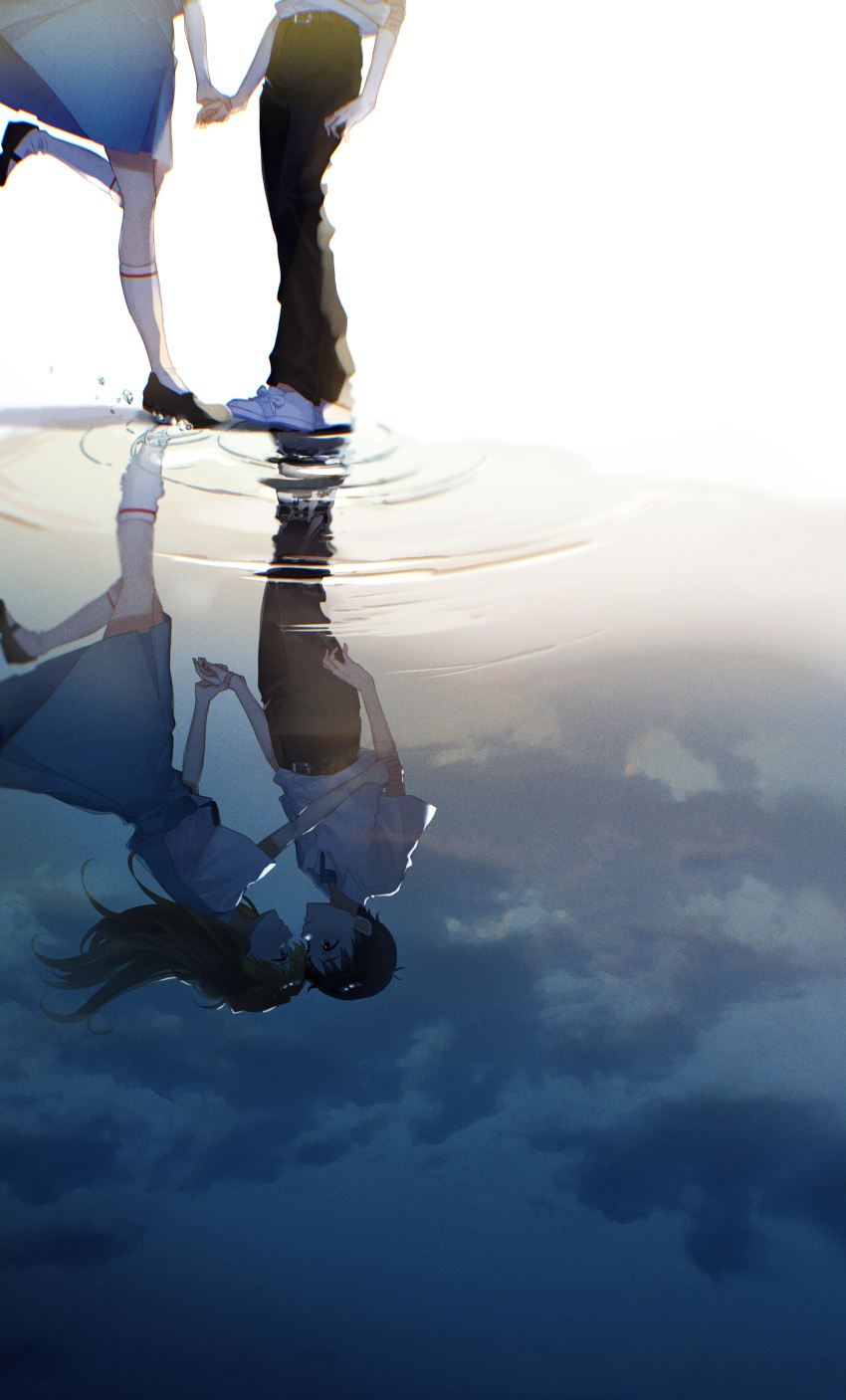 1boy, 1girl, absurdres, black_legwear, blue_skirt, clouds, forehead-to-forehead, hand_grab, head_out_of_frame, heads_together, highres, huge_filesize, ikari_shinji, kneehighs, neon_genesis_evangelion, onene_(ban), pants, rations, reflection, reflective_water, ribbon, shirt, shoes, skirt, sneakers, souryuu_asuka_langley, standing, standing_on_one_leg, suspender_skirt, suspenders, white_footwear, white_shirt