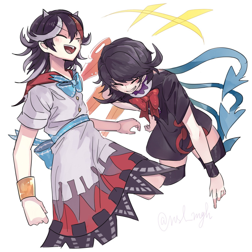 +++, 2girls, arrow_print, asuku_(69-1-31), asymmetrical_wings, black_dress, black_hair, black_wristband