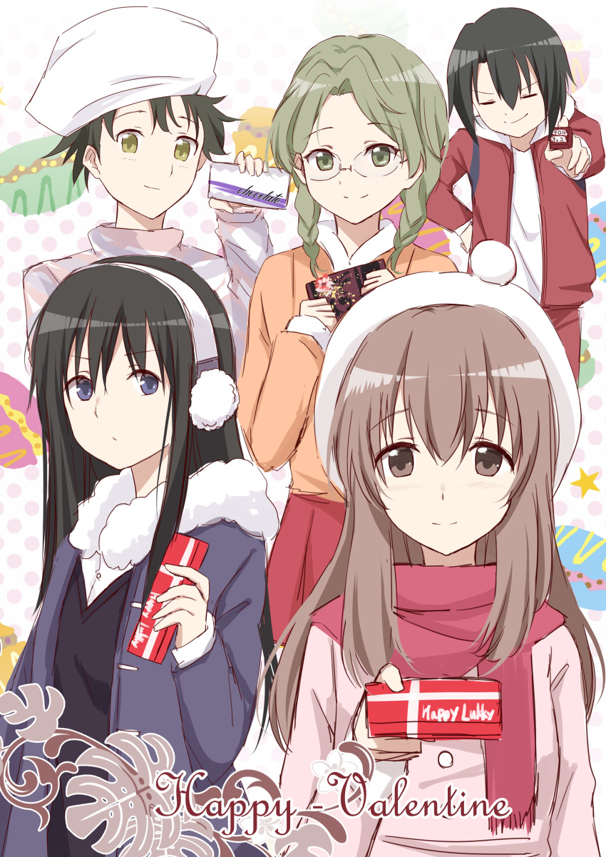 5girls, absurdres, beanie, black_hair, blonde_hair, blue_eyes, blue_jacket, brown_eyes