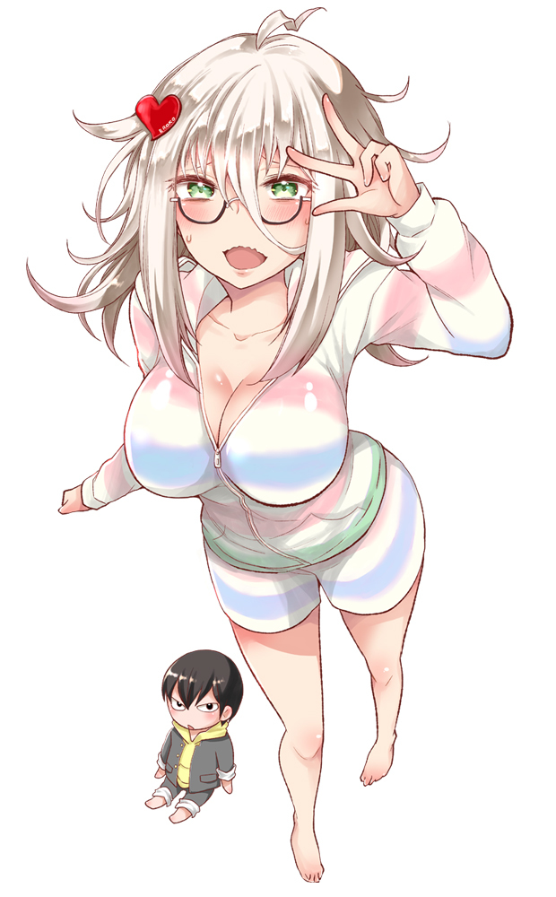 1girl, ahoge, arm_up, bare_legs, breasts, glasses, green_eyes, hood, hoodie, hoshi_natsuki, large_breasts, long_hair, looking_at_viewer, shindou_eruko, shingeki_no_eroko-san, shorts, shy, silver_hair, simple_background, toy, ubizo