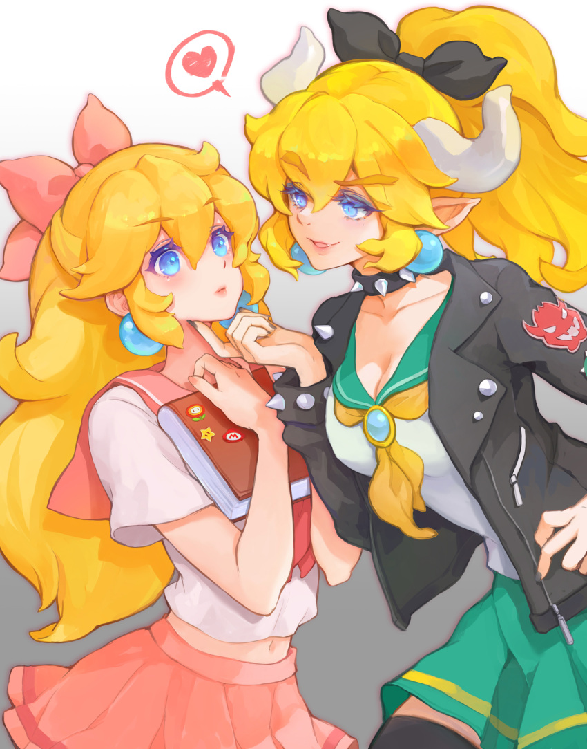 alternate_costume, alternate_hairstyle, blonde_hair, blue_eyes, blush, book, bow, bowser