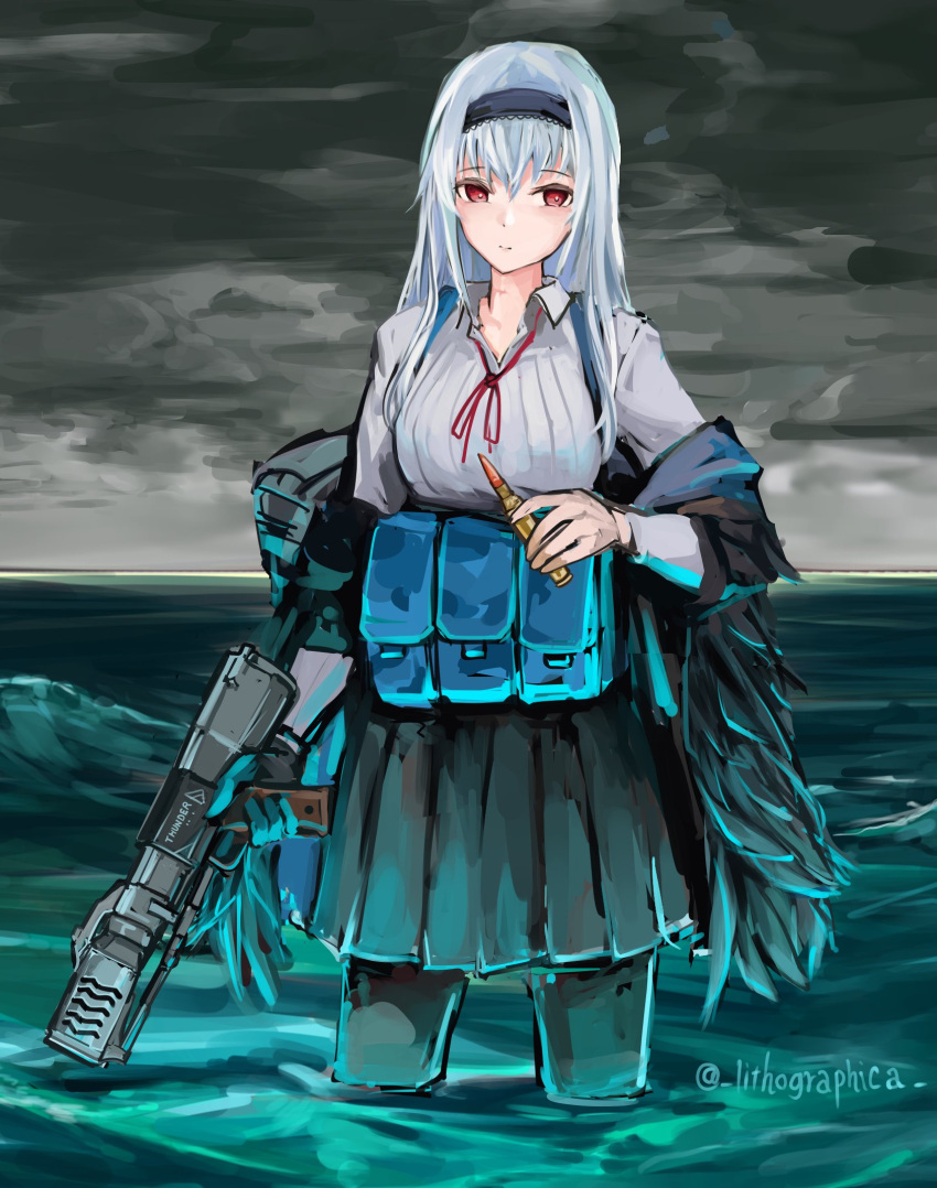 1girl, artist_name, black_gloves, black_jacket, black_legwear, black_skirt, blue_hair, breasts