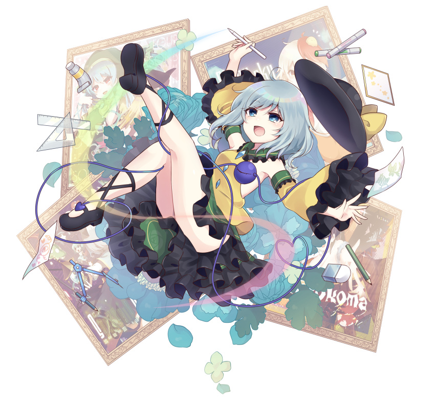 5girls, absurdres, ahoge, animal_on_head, bird, bird_on_head, black_headwear, blue_flower