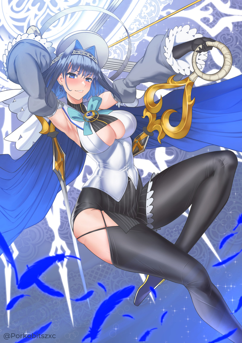 1girl, absurdres, arm_behind_head, armpits, asymmetrical_clothes, bangs, black_gloves, black_legwear