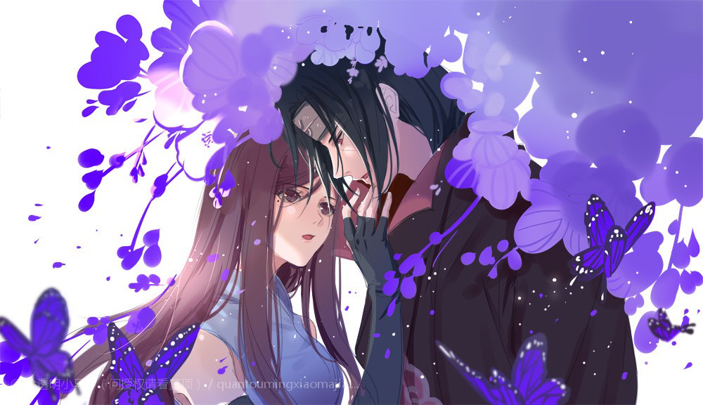 1boy, 1girl, akatsuki_(naruto), akatsuki_uniform, bare_shoulders, black_hair, brown_hair, bug, butterfly, coat, couple, elbow_gloves, fingerless_gloves, forehead_protector, gloves, hand_on_another's_face, height_difference, konohagakure_symbol, long_hair, looking_at_another, mole, mole_under_eye, naruto_(series), naruto_shippuuden, open_mouth, purple_butterfly, red_eyes, sharingan, uchiha_itachi, uchiha_izumi, watermark, yukiwong731