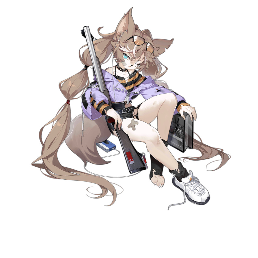 1girl, animal_ears, animal_feet, animal_nose, bag, bandaid, bandaid_on_leg, belt