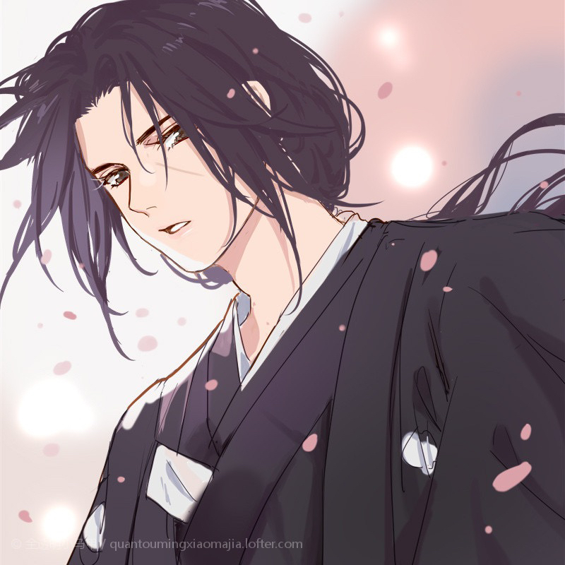 1boy, black_eyes, black_hair, black_kimono, blurry, japanese_clothes, kimono, lofter_username, long_hair, male_focus, naruto_(series), naruto_shippuuden, parted_lips, petals, solo, teeth, uchiha_itachi, upper_body, yukiwong731