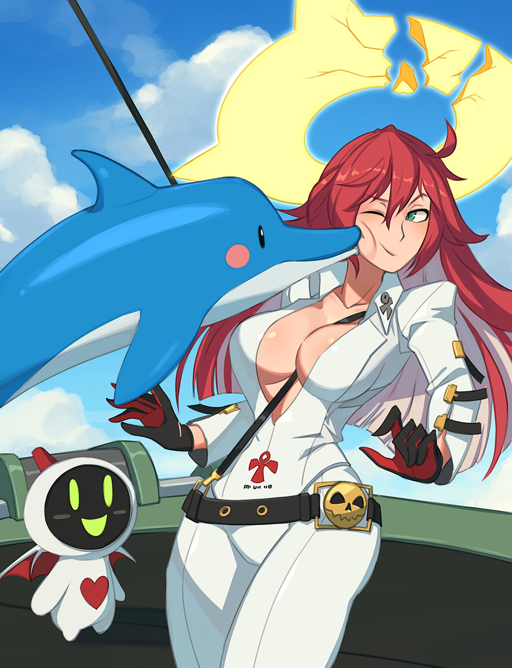 ankh, ankh_necklace, barleyshake, belt, bodysuit, broken_halo, dolphin, green_eyes