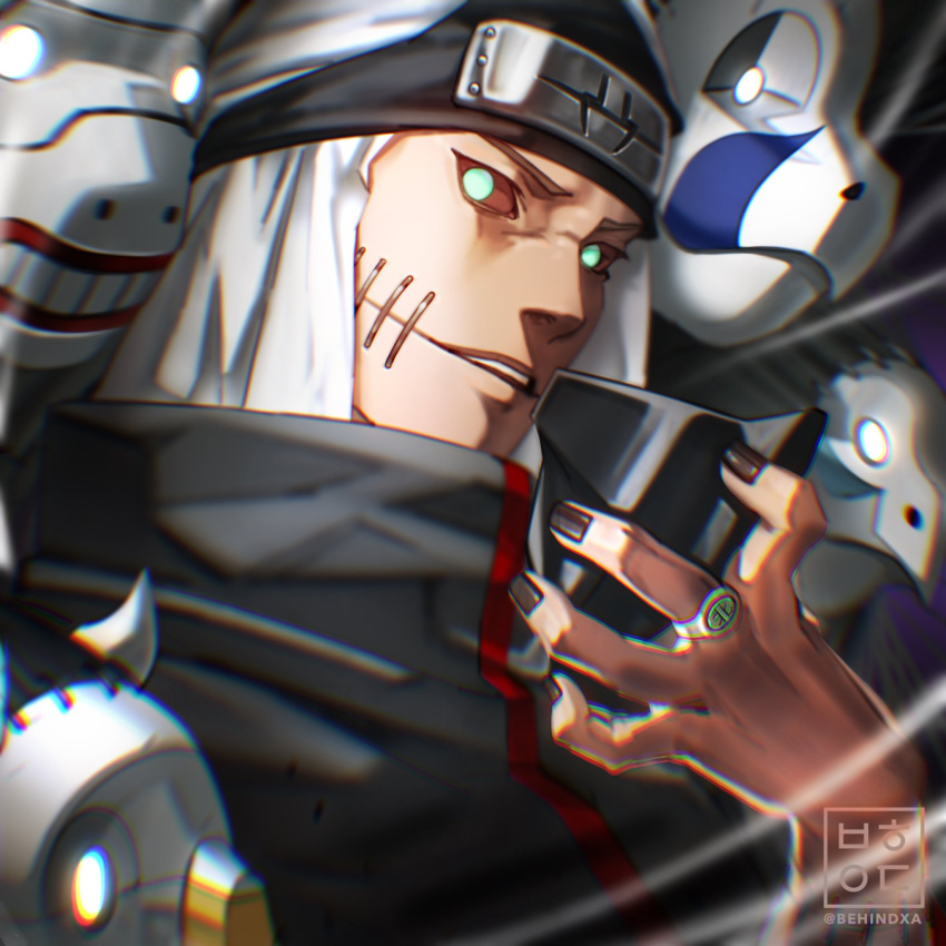 1boy, akatsuki_(naruto), akatsuki_uniform, behindxa, black_nails, coat, colored_sclera, dark-skinned_male