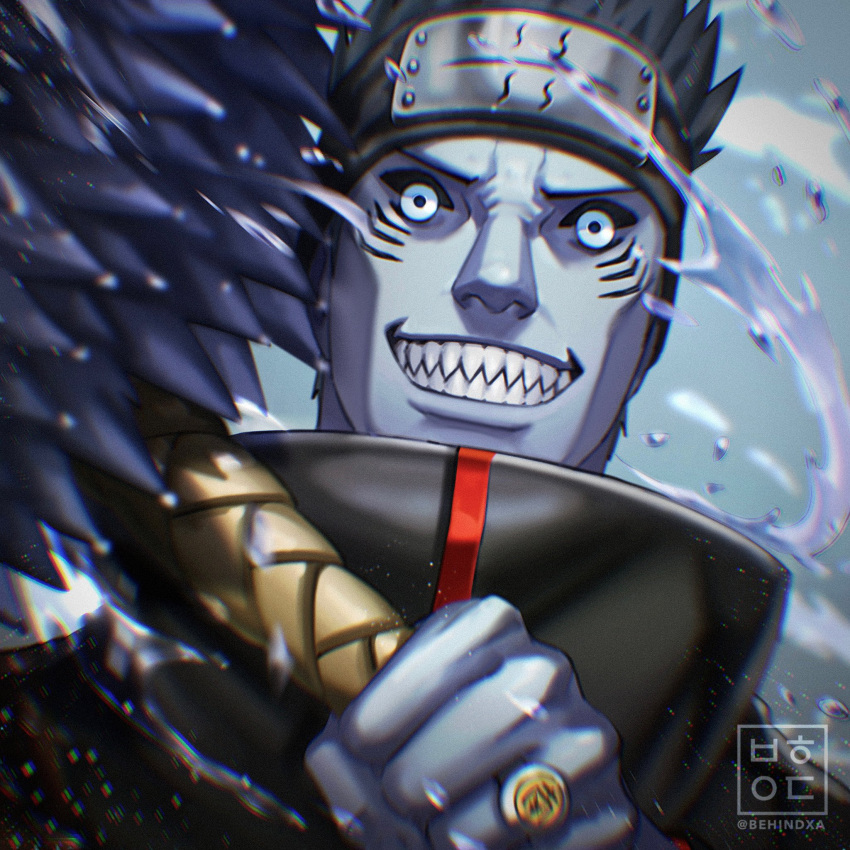 1boy, akatsuki_(naruto), akatsuki_uniform, artist_name, behindxa, blue_skin, colored_skin, facial_mark