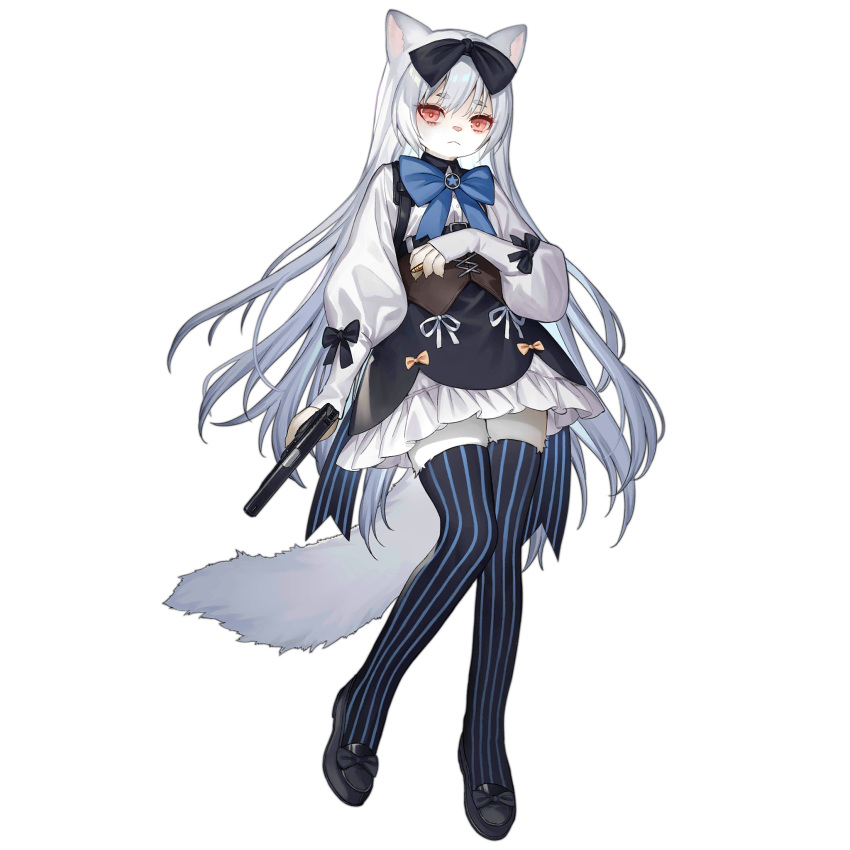 1girl, animal_ear_request, animal_ears, animal_nose, black_dress, black_footwear, black_legwear, blue_bow