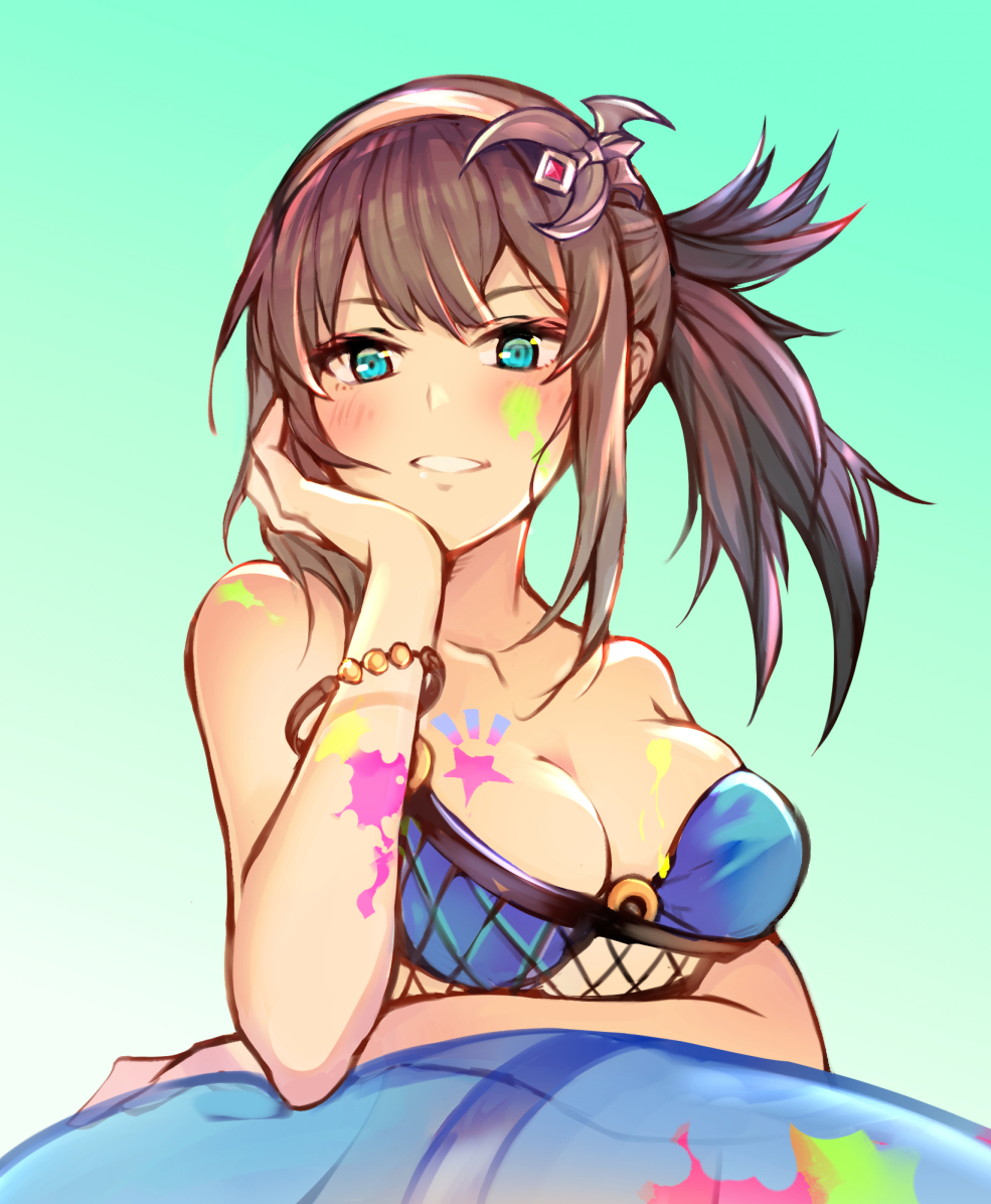 1girl, bikini, black_hair, blue_bikini, blue_eyes, bracelet, breasts, gradient