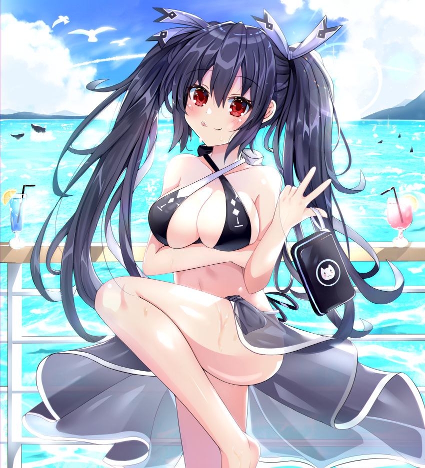 1girl, absurdres, alternate_costume, bikini, bikini_skirt, black_hair, blush, breasts, collarbone, day, eyebrows_visible_through_hair, giga-tera, hair_between_eyes, hair_ornament, highres, huge_filesize, licking_lips, long_hair, looking_at_viewer, medium_breasts, navel, neptune_(series), noire, open_mouth, outdoors, red_eyes, sidelocks, smile, solo, standing, standing_on_one_leg, swimsuit, tongue, tongue_out, twintails, wet