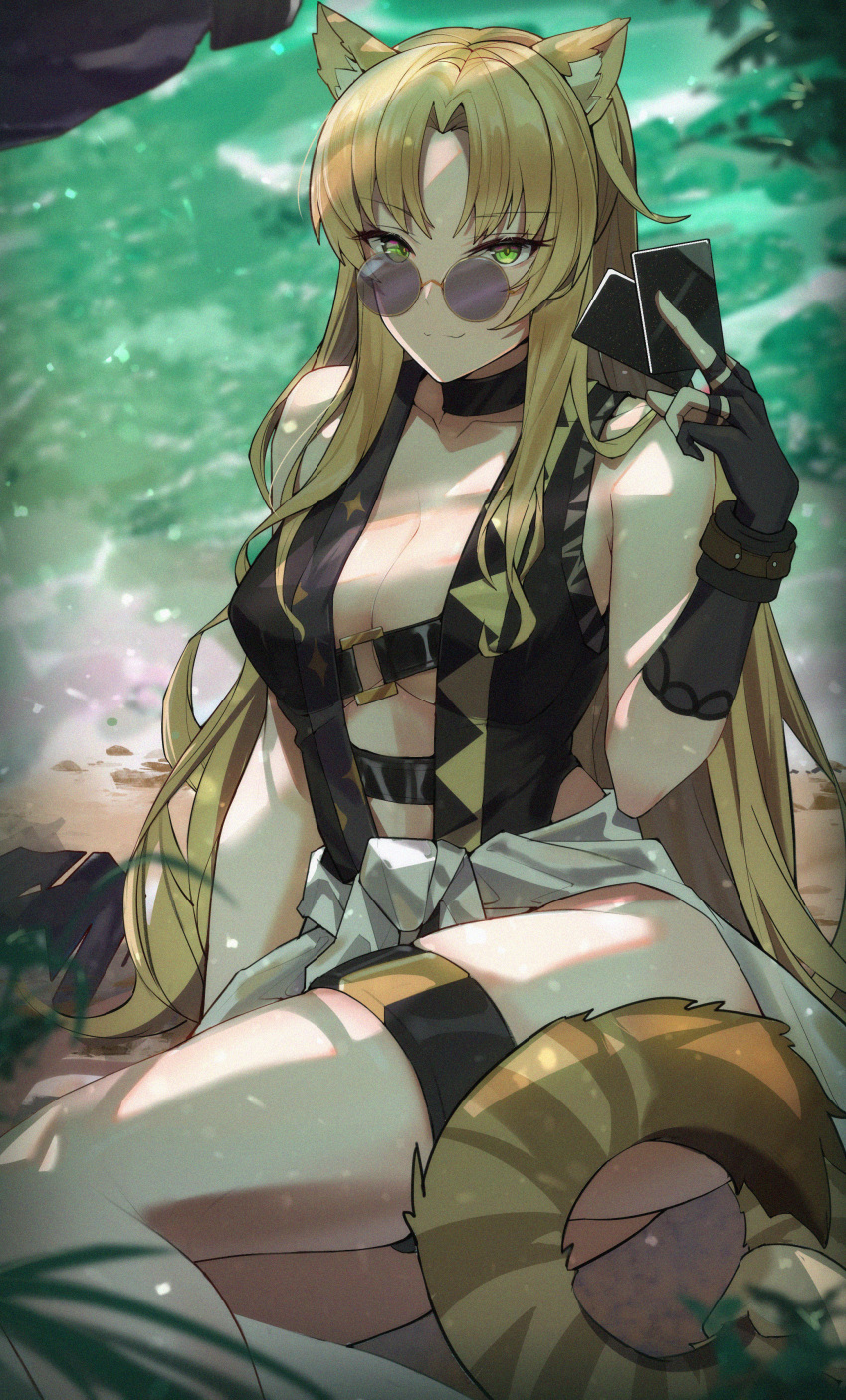 1girl, absurdres, animal_ears, arknights, bare_shoulders, black_choker, black_gloves, black_swimsuit