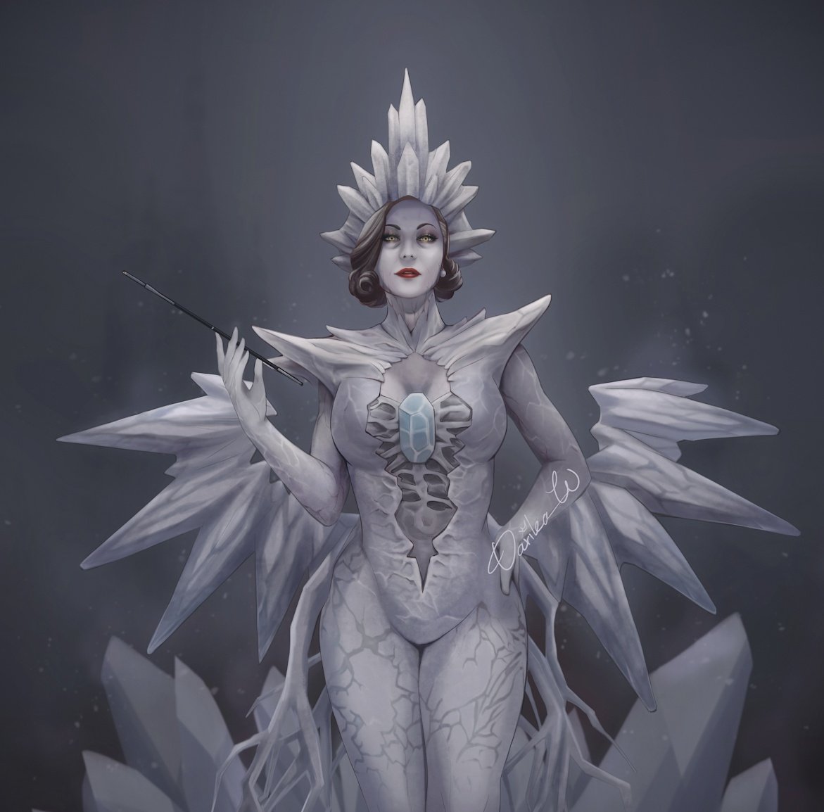 1girl, adapted_costume, alcina_dimitrescu, bodysuit, brown_hair, center_opening, crown, crystal, darikaart, hand_on_hip, lipstick, makeup, mature_female, pale_skin, pipe, resident_evil, resident_evil_village