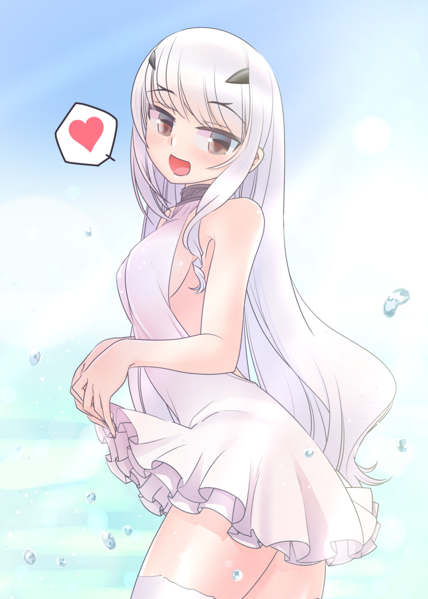 1girl, :d, bare_shoulders, blush, breasts, brown_eyes, clothes_lift, collar, cowboy_shot, dress, dress_lift, eyebrows_visible_through_hair, fairy_knight_lancelot_(fate), fate/grand_order, fate_(series), hair_ornament, happy, heart, highres, lifted_by_self, long_hair, looking_at_viewer, medium_breasts, mentaiko_mamire, open_mouth, silver_hair, smile, spoken_heart, thigh-highs, water_drop, white_dress