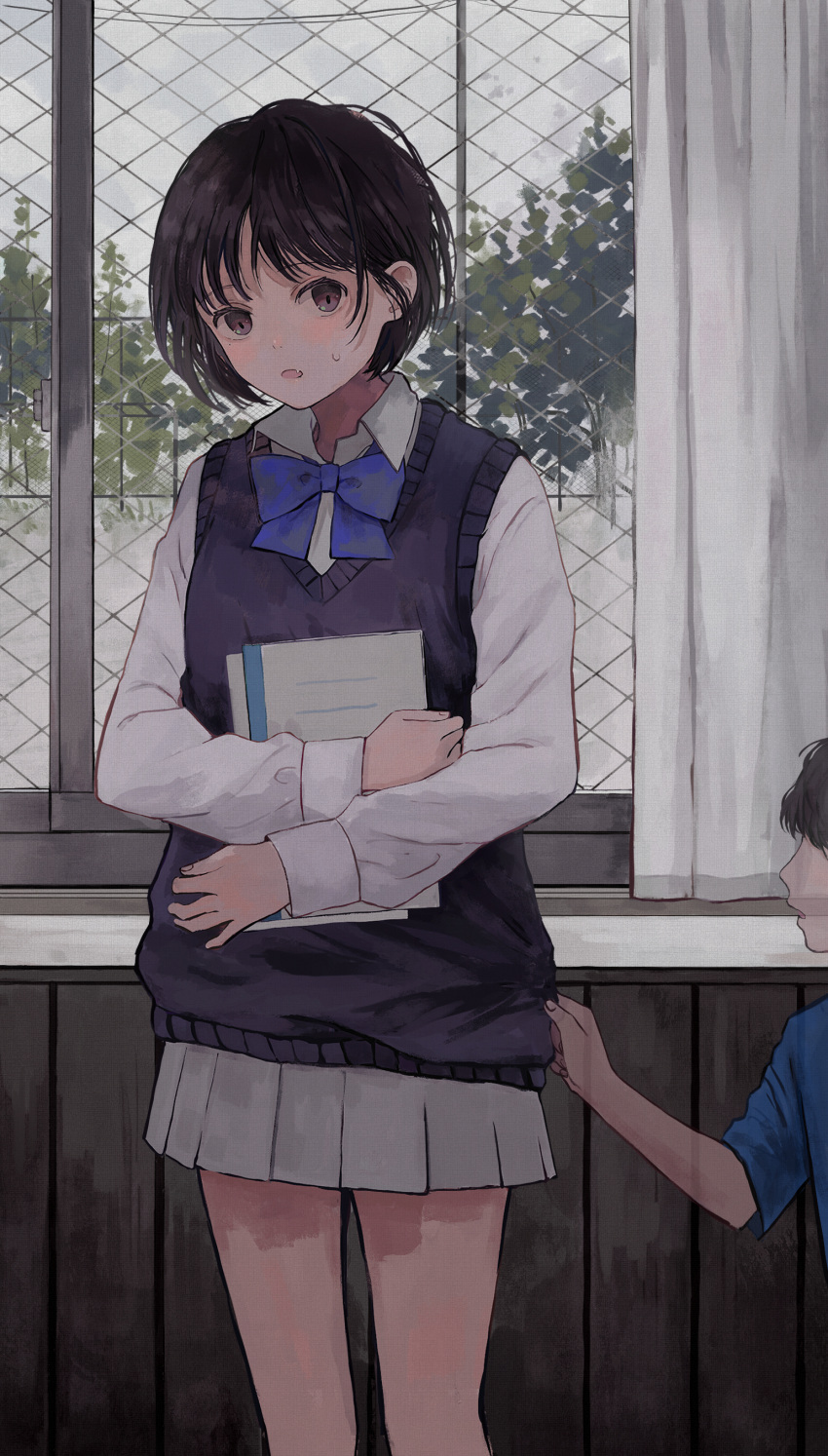1boy, 1girl, :o, absurdres, bangs, black_hair, black_sweater_vest, blue_bow