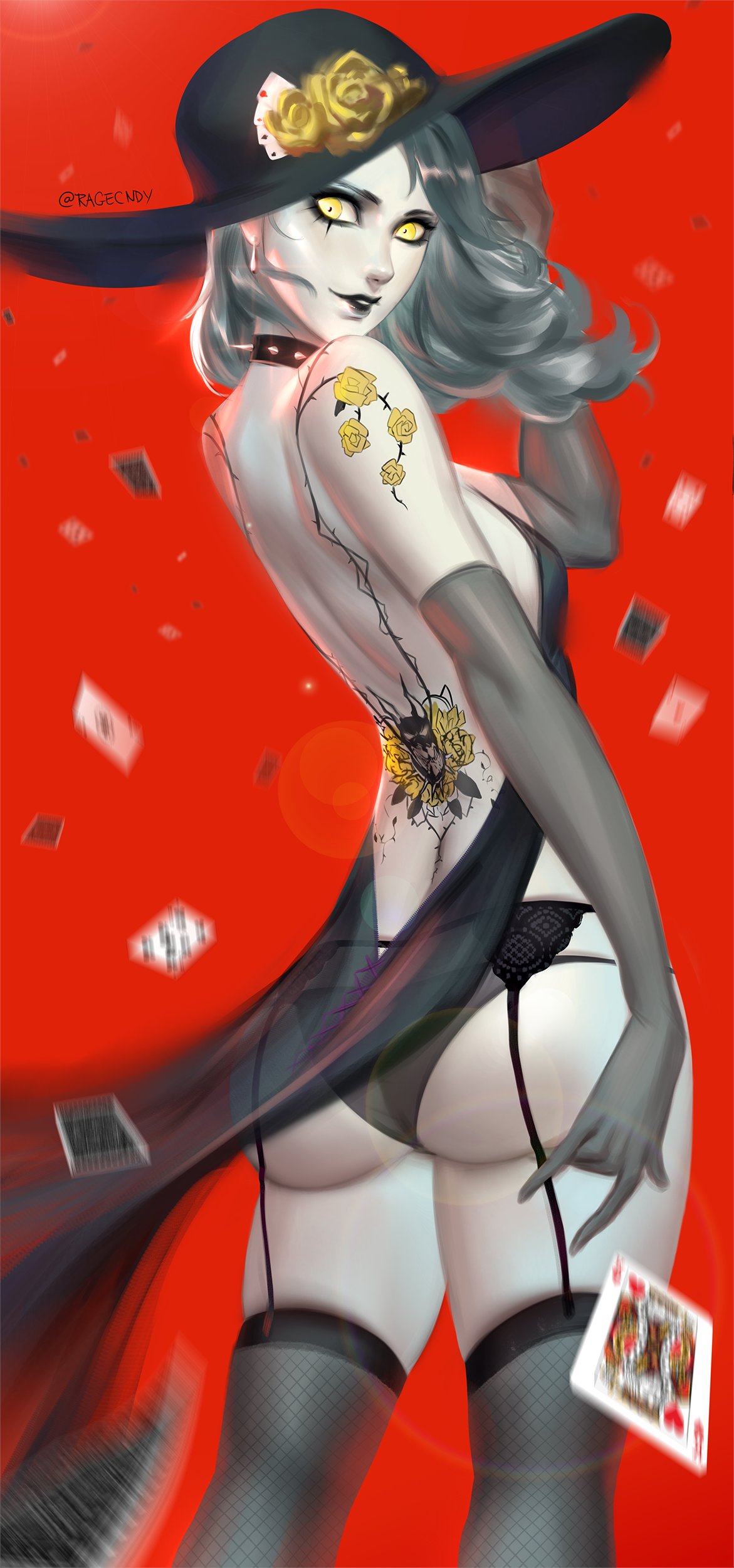 1girl, absurdres, ass, back_tattoo, backless_dress, backless_outfit, black_dress, black_headwear, breasts, collar, dress, earrings, elbow_gloves, eyeliner, fishnet_legwear, fishnets, flower, from_behind, garter_straps, gloves, grey_hair, hat, highres, jewelry, large_breasts, long_hair, looking_back, makeup, niijima_sae, pale_skin, persona, persona_5, ragecndy, red_lips, rose, shadow_(persona), shadow_sae, shoulder_tattoo, side_slit, sideboob, spiked_collar, spiked_hood, spikes, tattoo, yellow_eyes, yellow_flower, yellow_rose