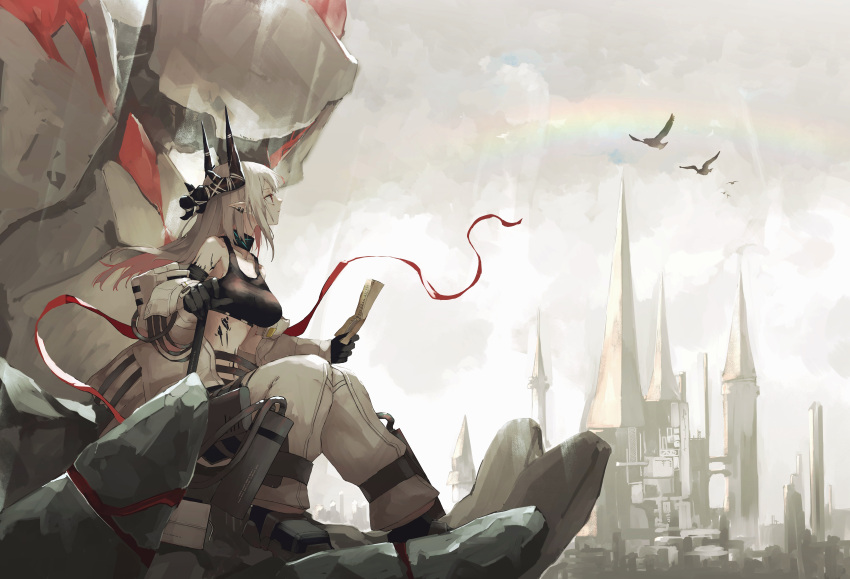 1girl, absurdres, arknights, bird, black_gloves, black_horns, black_tank_top, breasts
