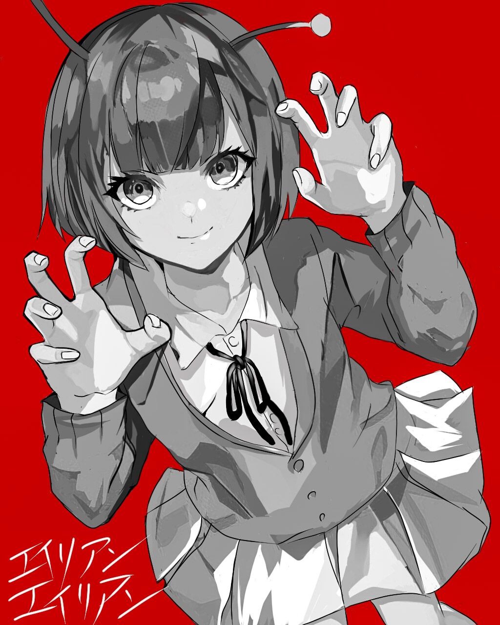 1girl, alien, andromedako, antennae, bangs, bob_cut, buttons, cardigan