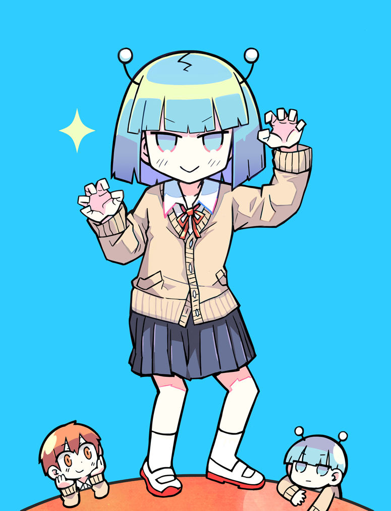1girl, 2boys, :|, alien, andromedako, andromedao, antennae, bangs
