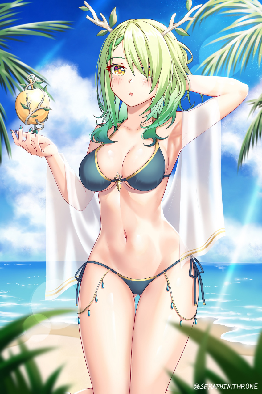 1girl, absurdres, antlers, apple, arm_behind_head, beach, blue_sky, ceres_fauna, food, fruit, golden_apple, green_hair, highres, hololive, hololive_english, navel, seraphim_throne, sky, swimsuit, thighs, yellow_eyes