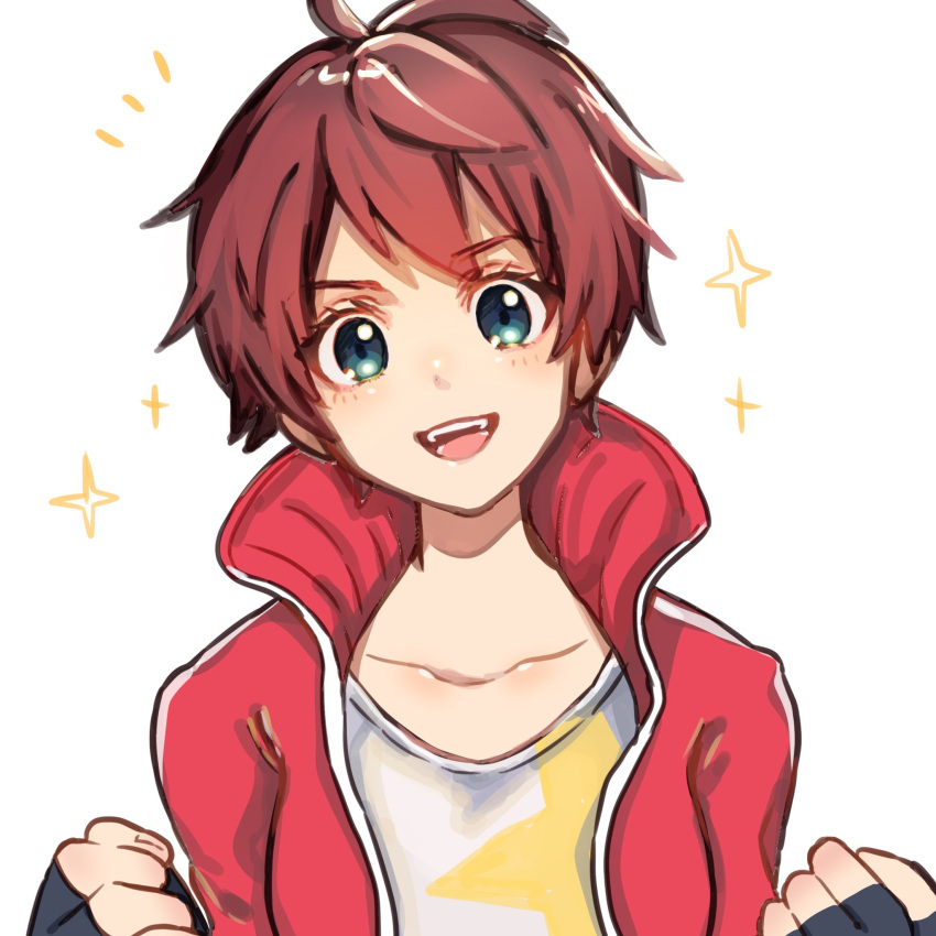 1girl, black_gloves, blue_eyes, collarbone, commentary_request, fingerless_gloves, gloves, hands_up, highres, jacket, looking_at_viewer, nanaponi, notice_lines, open_clothes, open_jacket, open_mouth, ousumi_mamiya, red_jacket, redhead, sakura_kakumei, shirt, short_hair, simple_background, smile, solo, sparkle, star_(symbol), upper_body, upper_teeth, white_background, white_shirt