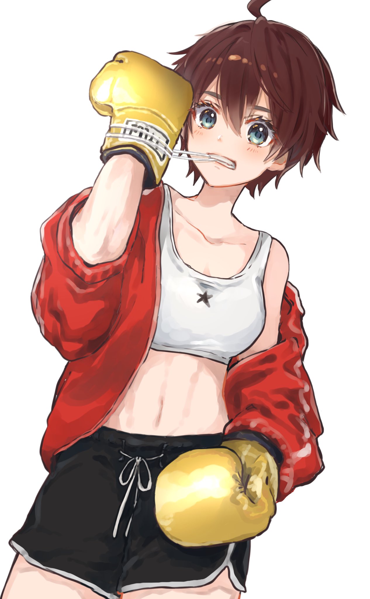 1girl, ahoge, black_shorts, blue_eyes, boxing_gloves, brown_hair, clenched_teeth, collarbone