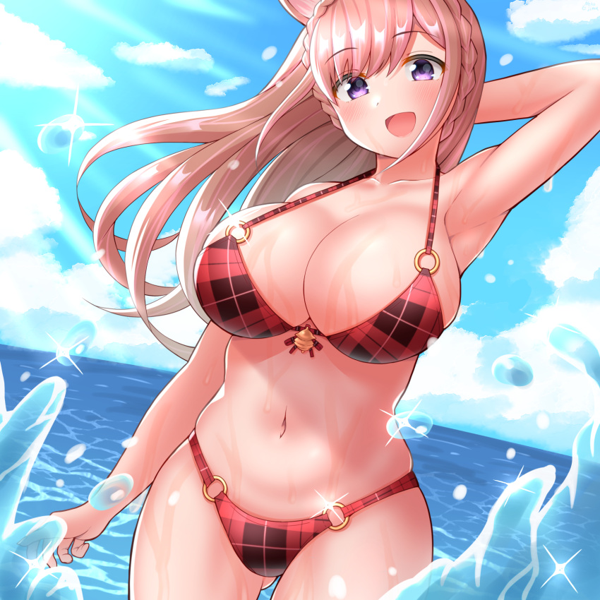 1girl, bikini, blush, breasts, clouds, cottage_project, highres, large_breasts