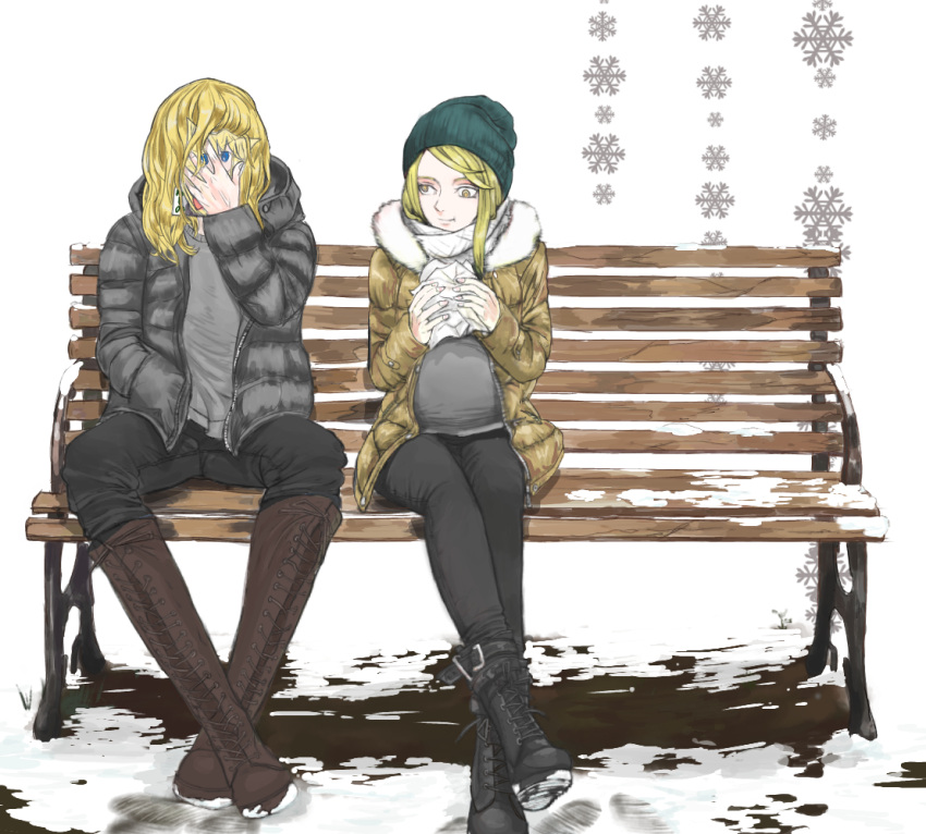 2boys, 6_9, atouda_ako_(character), bangs, beanie, bench, black_footwear, black_jacket, black_pants, blonde_hair, boots, brown_coat, brown_footwear, closed_mouth, coat, commentary_request, cookie_(touhou), full_body, green_headwear, grey_shirt, hat, hazuna_rio, holding, jacket, kirisame_marisa, knee_boots, long_hair, long_sleeves, looking_at_another, male_focus, multiple_boys, pants, shirt, sitting, smile, snow, snowflakes, touhou, yellow_eyes, yma