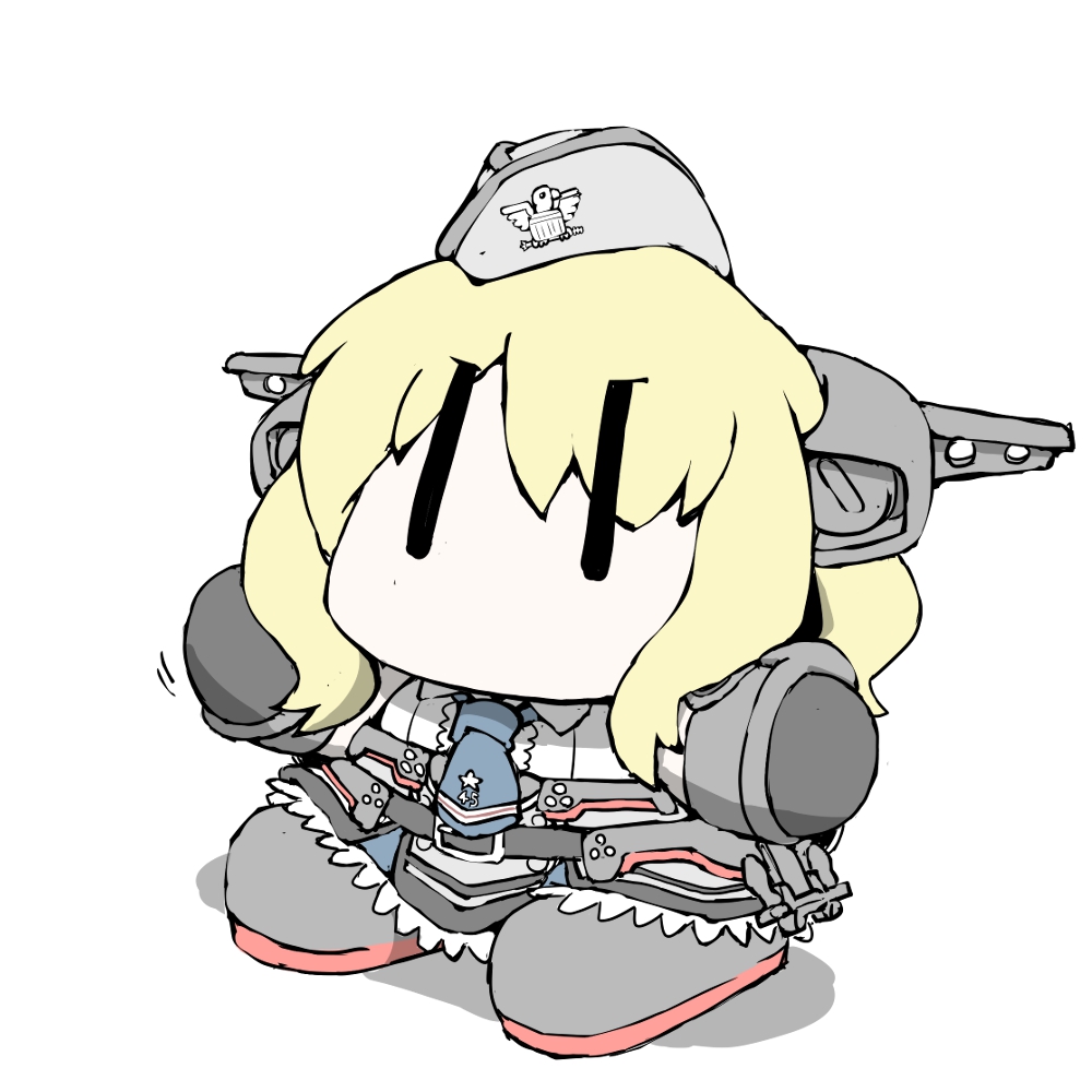 1girl, black_footwear, blonde_hair, blue_neckwear, braid, chibi, colorado_(kancolle), dress