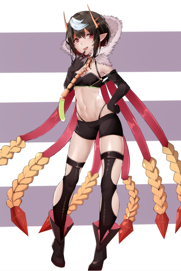 1girl, aemilo, ariel_(kumo_desu_ga_nani_ka?), black_gloves, black_hair, black_legwear, boots, brown_footwear, elbow_gloves, finger_to_mouth, full_body, gloves, hand_on_own_chin, hood, kumo_desu_ga_nani_ka?, linea_alba, midriff, multicolored_hair, pointy_ears, red_eyes, short_hair, short_shorts, shorts, sidelocks, solo, streaked_hair, striped, striped_background, thigh-highs, white_background