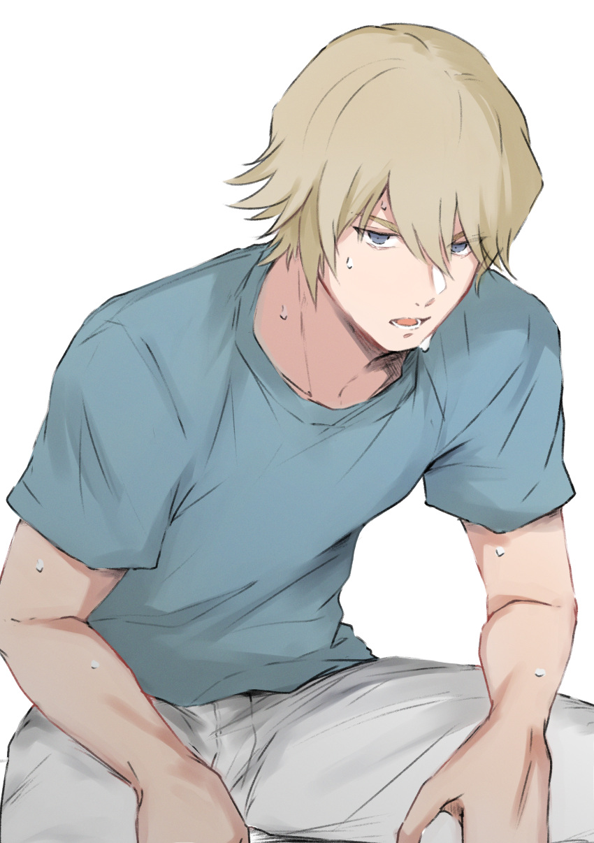 1boy, absurdres, ace_of_diamond, aqua_shirt, blonde_hair, blue_eyes, grey_pants, highres