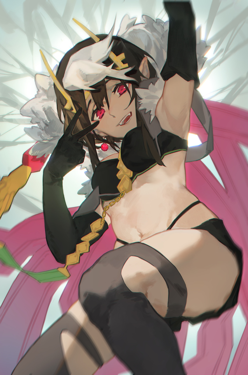 1girl, absurdres, ariel_(kumo_desu_ga_nani_ka?), arm_up, armpits, bbsinday, black_legwear, blurry