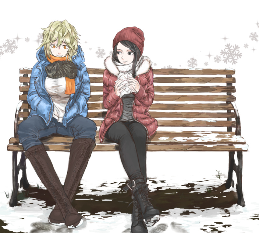 2girls, alternate_costume, bangs, bench, black_eyes, black_footwear, black_hair, black_pants, blonde_hair, blue_jacket, boots, breast_rest, breasts, brown_footwear, cat, closed_mouth, coat, commentary_request, cookie_(touhou), eyebrows_visible_through_hair, full_body, grey_shirt, grin, hair_between_eyes, hakurei_reimu, hands_in_pockets, jacket, kirisame_marisa, knee_boots, kohaku_(cookie), large_breasts, long_hair, looking_at_animal, multiple_girls, orange_eyes, orange_scarf, pants, red_coat, scarf, shiromiya_rei, shirt, sitting, smile, snow, snowflakes, touhou, white_shirt, yma