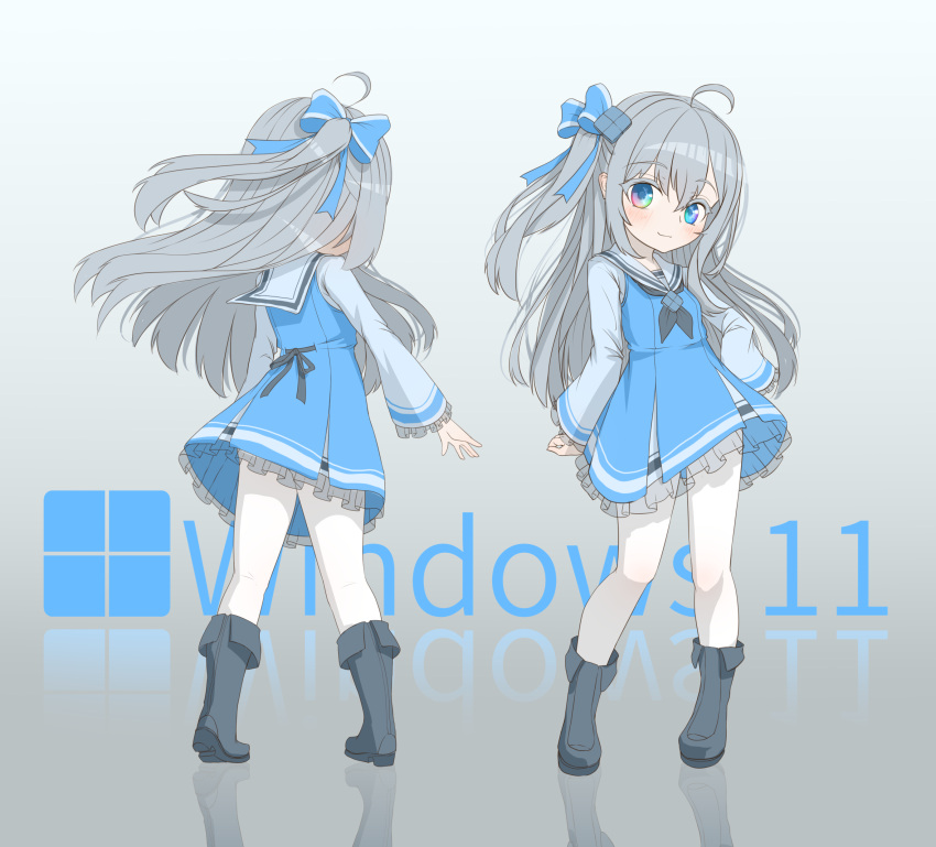 1girl, absurdres, ahoge, bangs, black_neckwear, blue_bow, blue_dress, blue_eyes