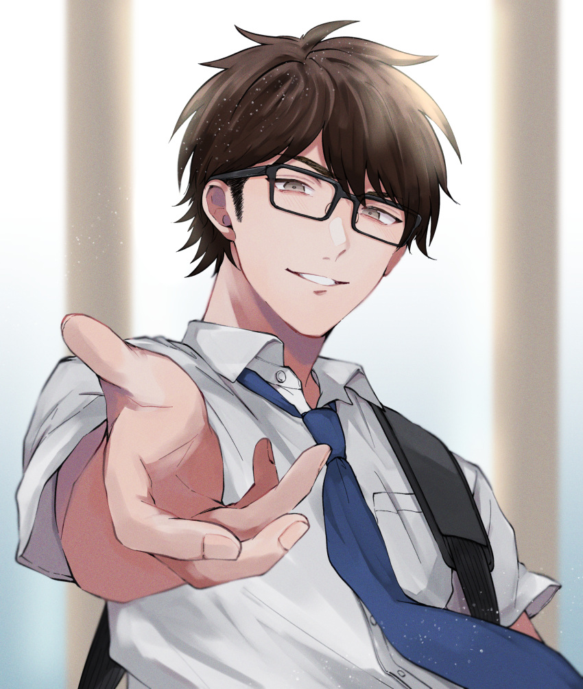 1boy, absurdres, ace_of_diamond, blush, brown_eyes, brown_hair, glasses, highres, huge_filesize, looking_at_viewer, male_focus, miyuki_kazuya, necktie, school_uniform, shirt, short_hair, sideburns, smile, solo, teeth, upper_body, white_shirt, xkftc737