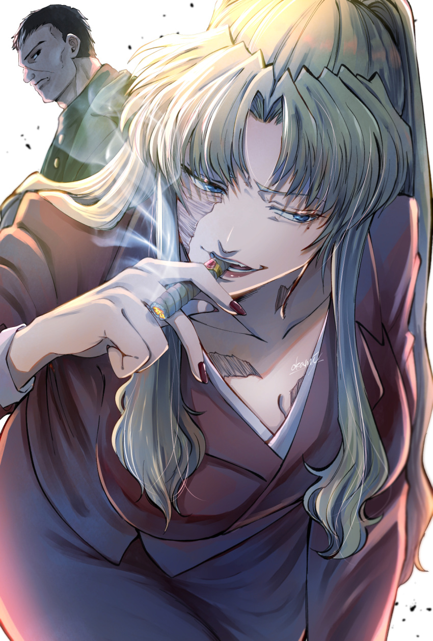 1boy, 1girl, balalaika_(black_lagoon), black_hair, black_lagoon, blonde_hair, blue_eyes, boris_(black_lagoon)